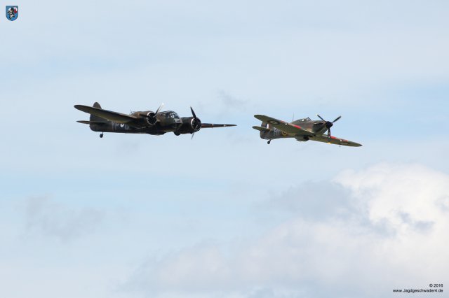 0109_Flying_Legends_2016_Bristol_Blenheim_MkI_G-BPIV_1934_Hawker_Hurricane_XII_Z5140_G-HURI_1942